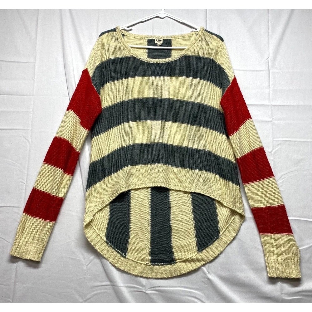 Uniq Sweater Womens Large Cream Gray Red Striped Long Sleeve Knitted Pullover